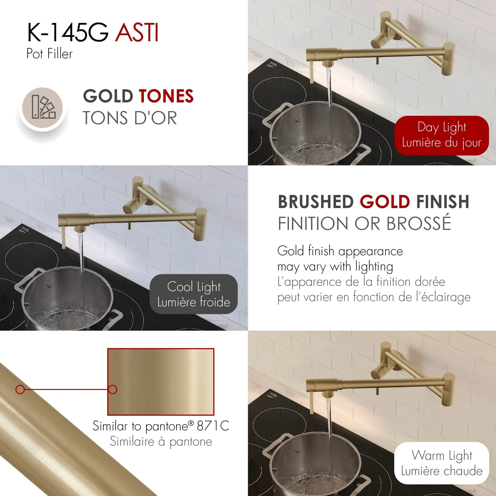 STYLISH Stainless Steel Wall Mount  Pot Filler Folding Stretchable with Single Hole Two Handles - Matte Gold Finish K-145G - Plumbing Market