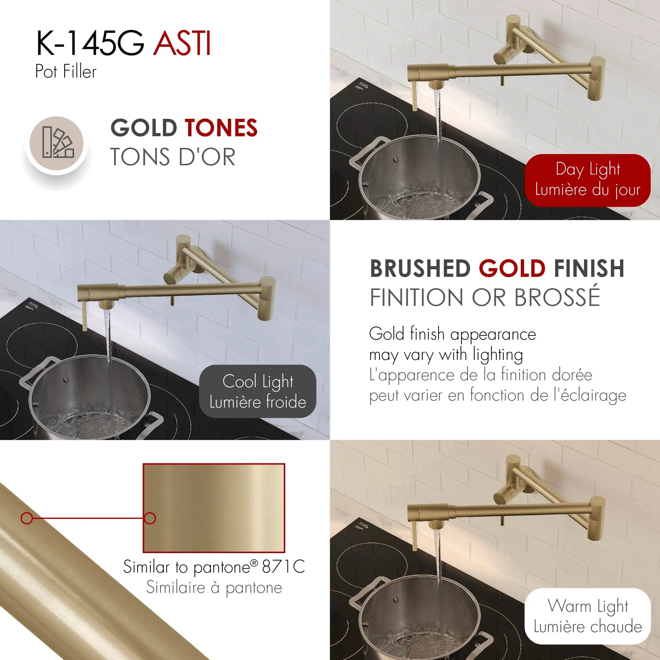 STYLISH Stainless Steel Wall Mount  Pot Filler Folding Stretchable with Single Hole Two Handles - Matte Gold Finish K-145G - Plumbing Market