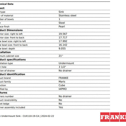 Franke Cube 19.56" x 17.71" Undermount 18G Single Stainless Steel Sink Franke