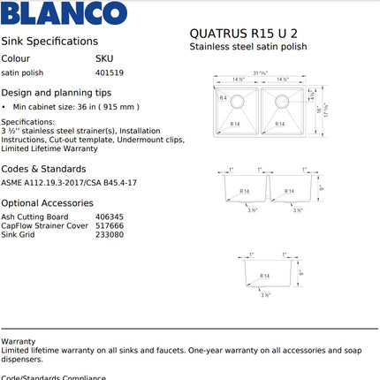 Blanco Quatrus R15 U 2 Stainless Steel Double Bowl Kitchen Sink Blanco