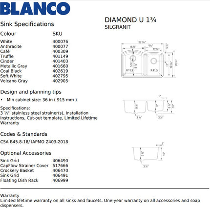 Blanco Diamond U 1 3/4 32" x 20 3/4" Premium Granite Composite Kitchen Sink Truffle Blanco