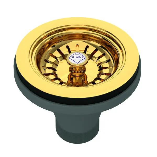 Shaws Manual Basket Strainer with Logo Branded White Porcelain Pull Knob Unlacquered Brass - Plumbing Market