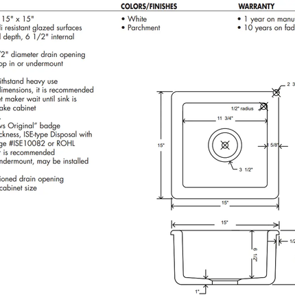 Shaws Original Lancaster Single Bowl Fireclay Bar & Food Prep Sink RC1515WH - Plumbing Market