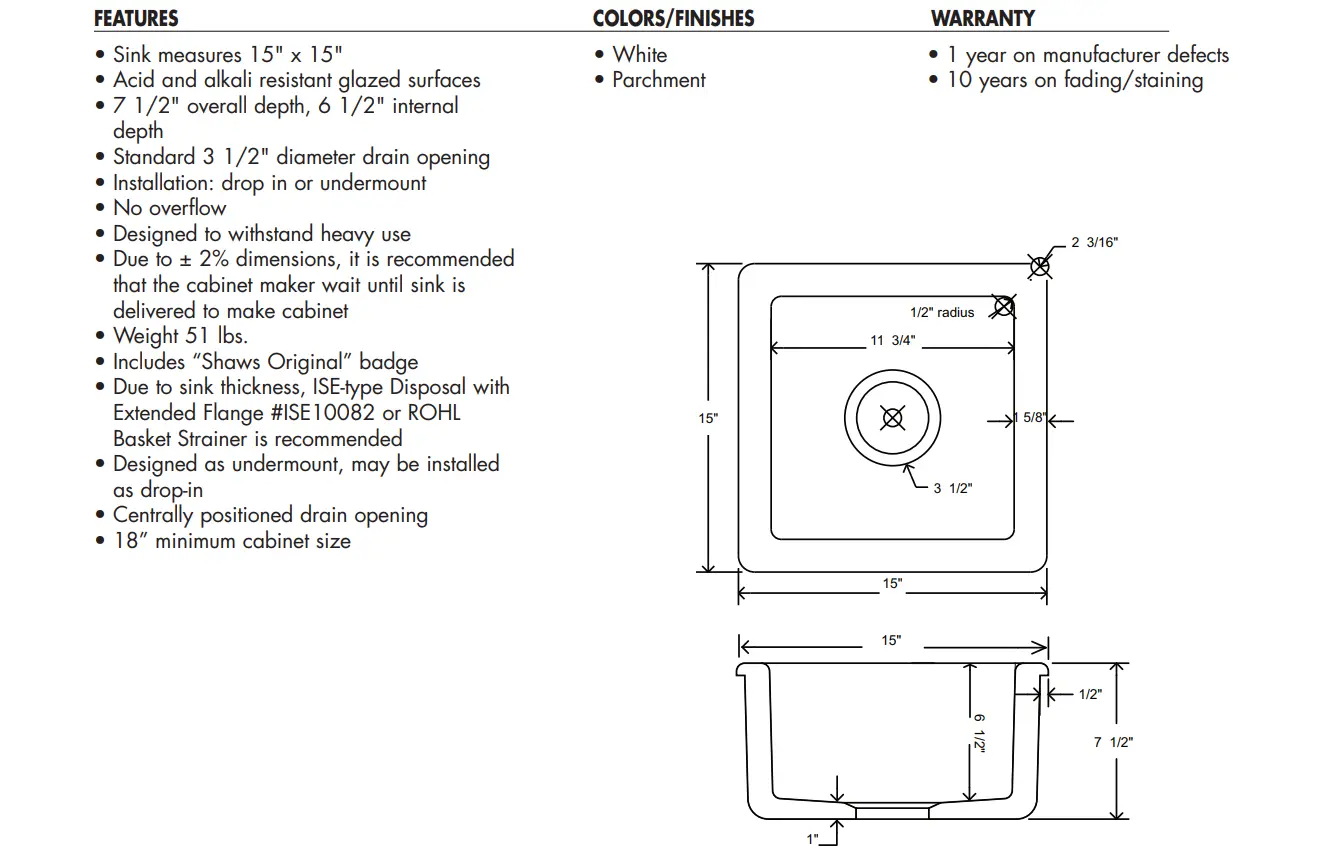 Shaws Original Lancaster Single Bowl Fireclay Bar & Food Prep Sink RC1515WH - Plumbing Market