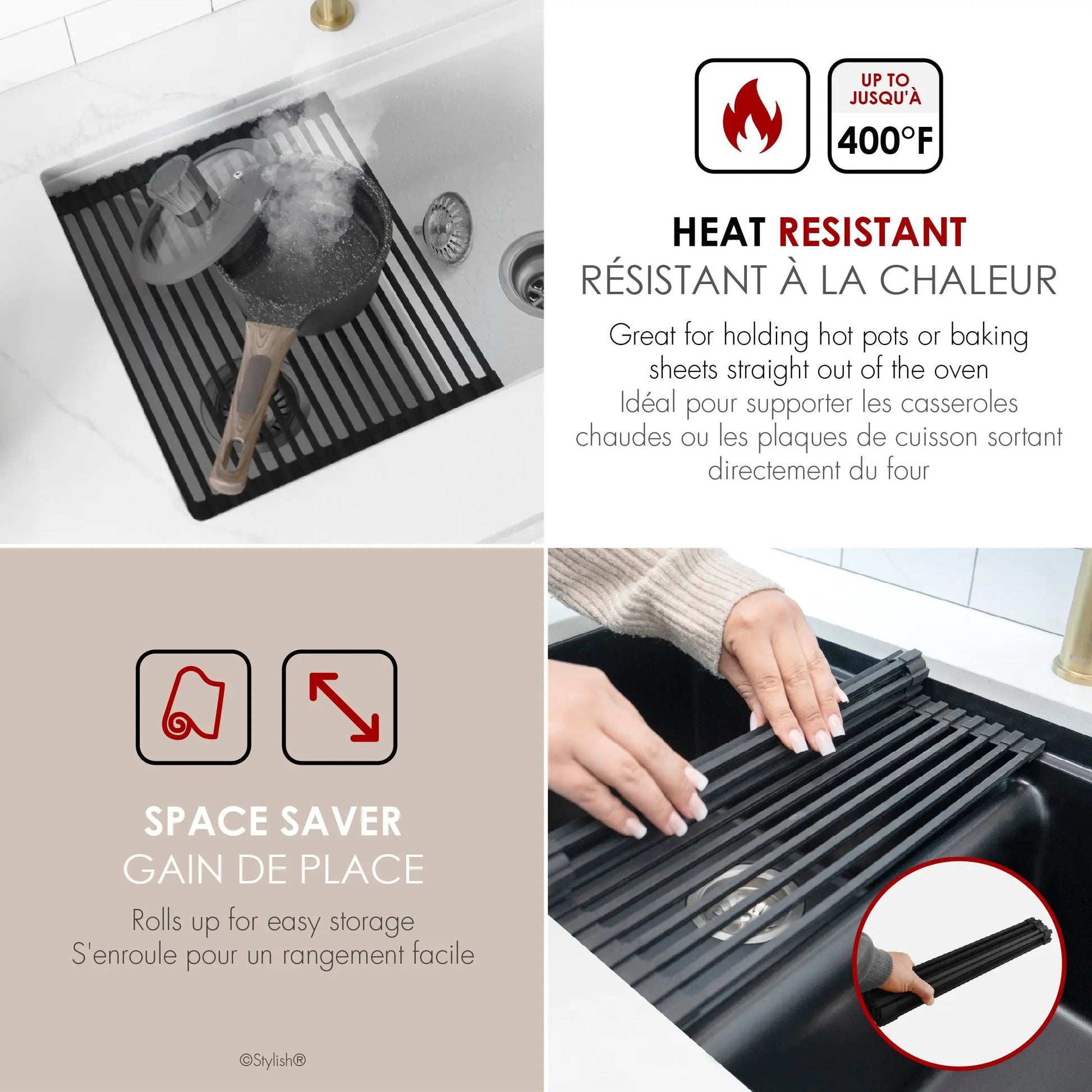 Stylish 15 1/4" Black Workstation Sink Roll-up Drying Rack/Trivet - Plumbing Market