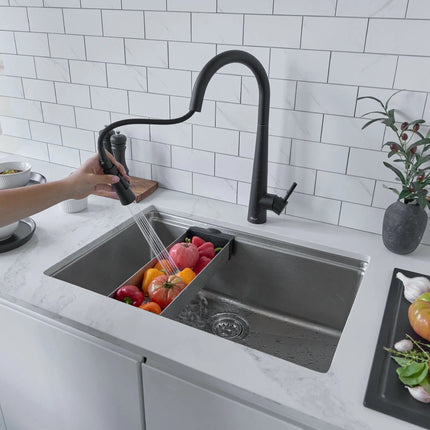 Stylish 16 7/8" Stainless Steel Over the Sink Colander with Black Handles - Plumbing Market