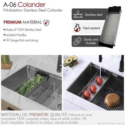 Stylish 16 7/8" Stainless Steel Over the Sink Colander with Black Handles - Plumbing Market