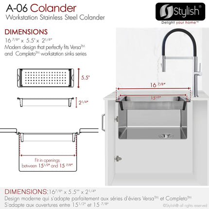 Stylish 16 7/8" Stainless Steel Over the Sink Colander with Black Handles - Plumbing Market