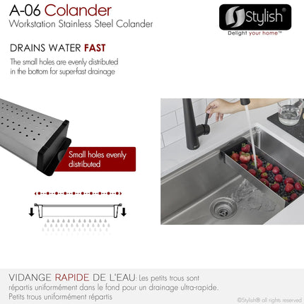 Stylish 16 7/8" Stainless Steel Over the Sink Colander with Black Handles - Plumbing Market