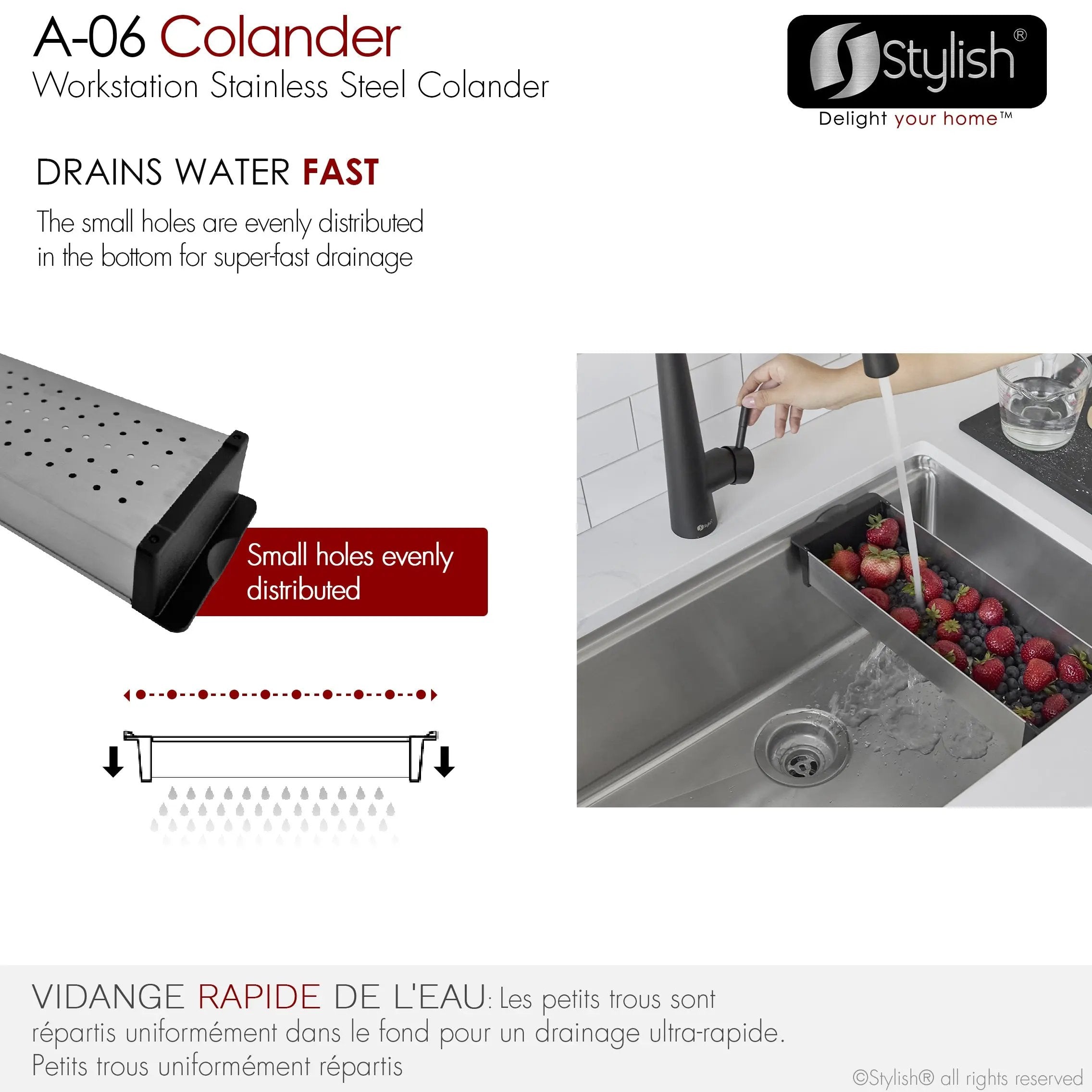 Stylish 16 7/8" Stainless Steel Over the Sink Colander with Black Handles - Plumbing Market