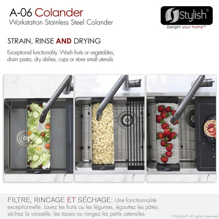 Stylish 16 7/8" Stainless Steel Over the Sink Colander with Black Handles - Plumbing Market