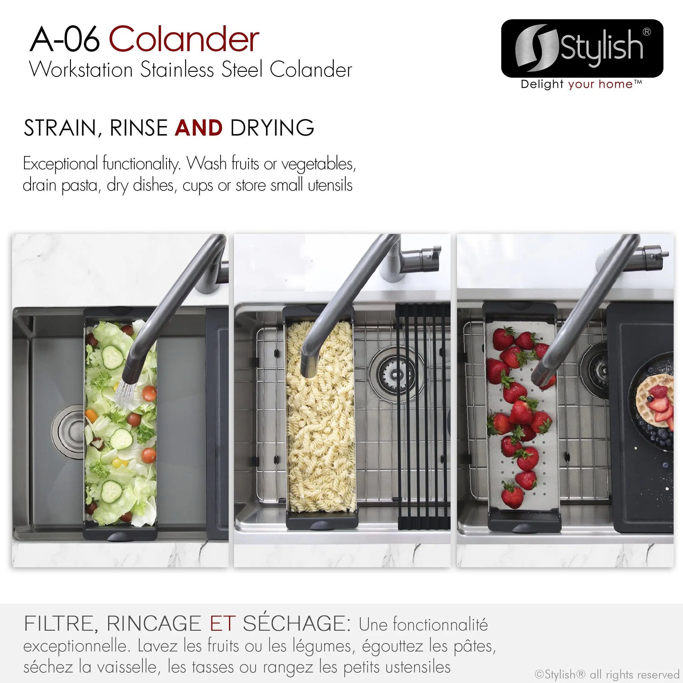 Stylish 16 7/8" Stainless Steel Over the Sink Colander with Black Handles - Plumbing Market