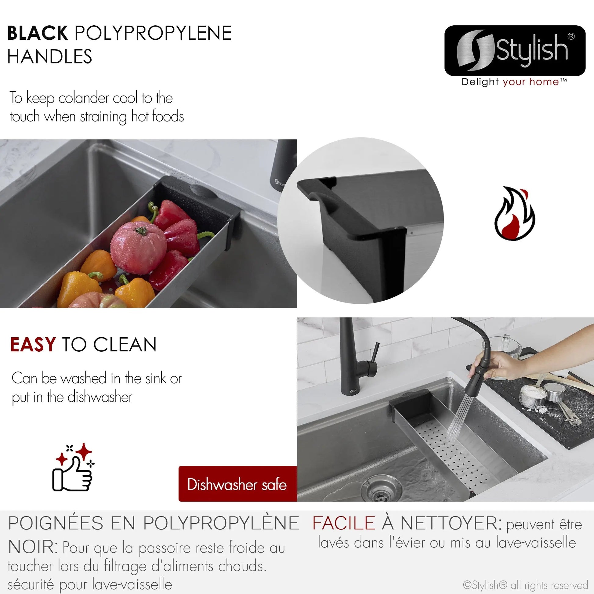 Stylish 16 7/8" Stainless Steel Over the Sink Colander with Black Handles - Plumbing Market