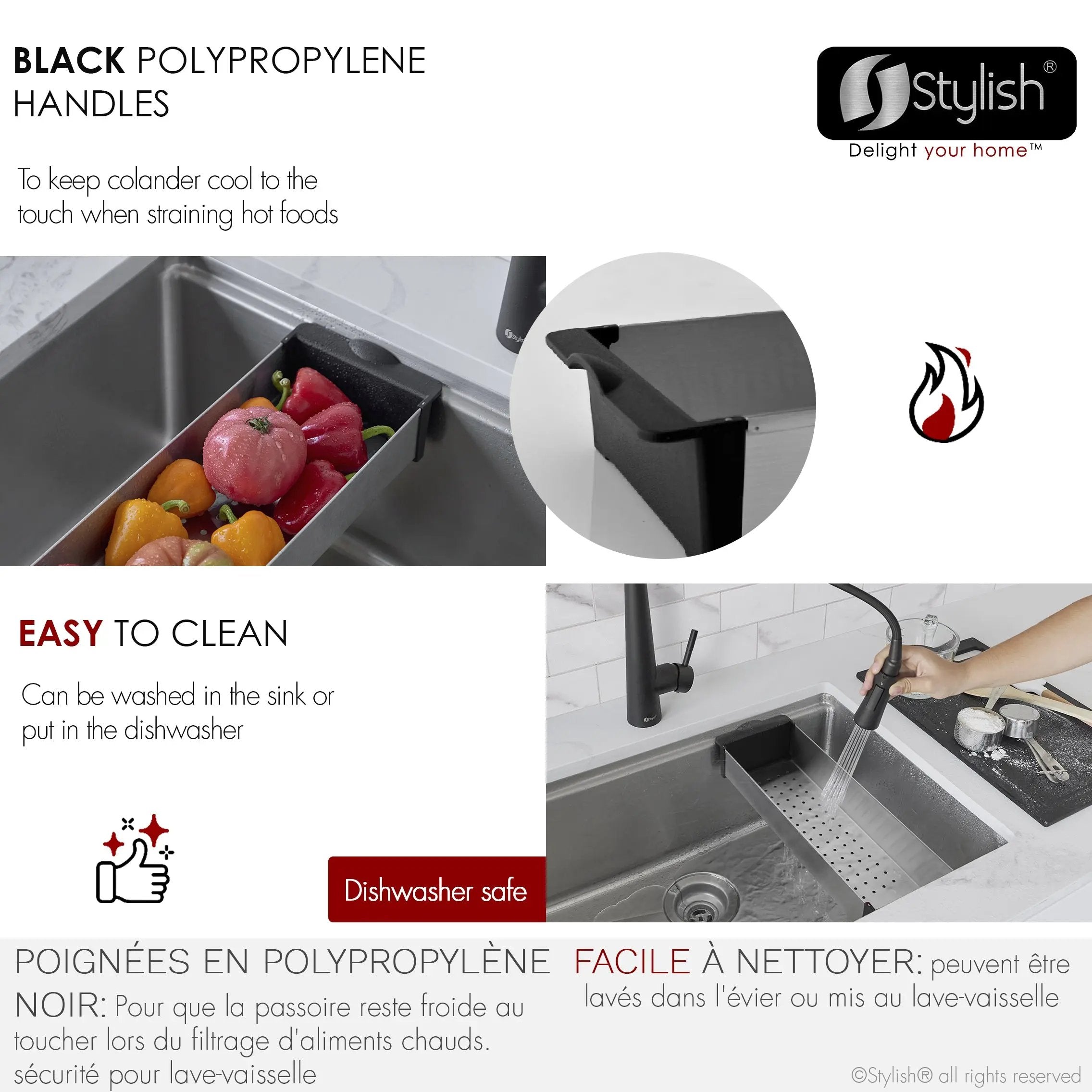 Stylish 16 7/8" Stainless Steel Over the Sink Colander with Black Handles - Plumbing Market