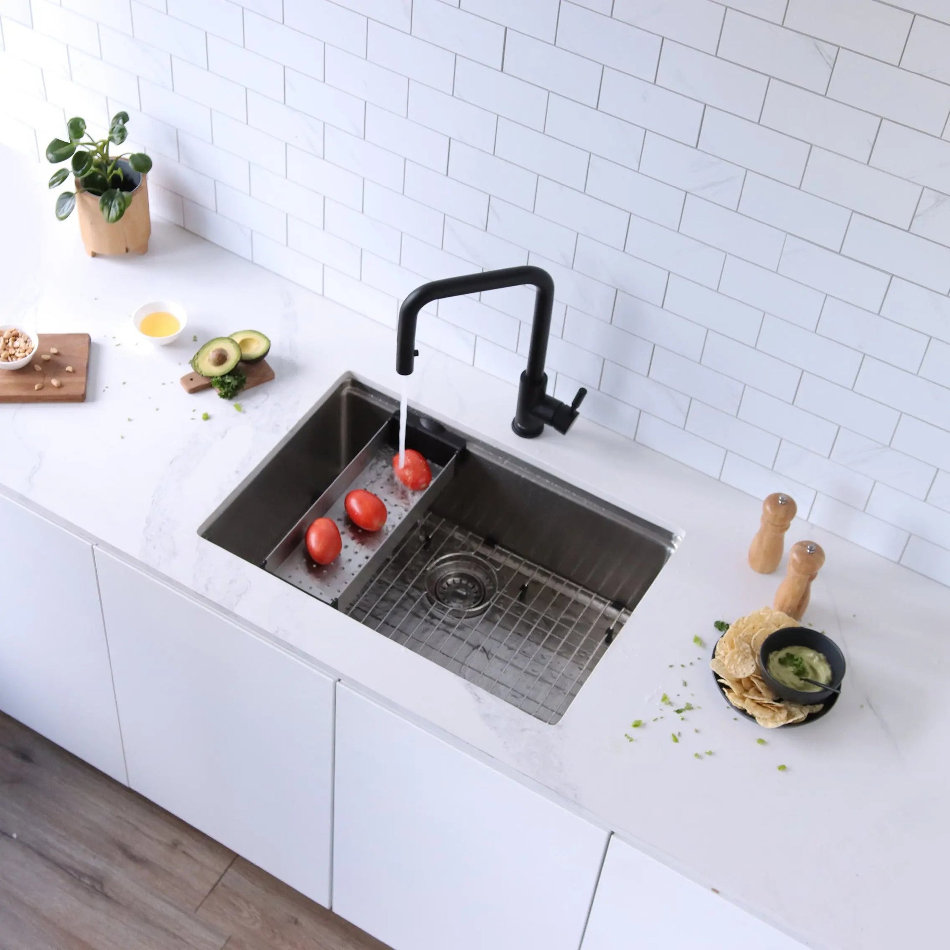 Stylish 16 7/8" Stainless Steel Over the Sink Colander with Black Handles - Plumbing Market