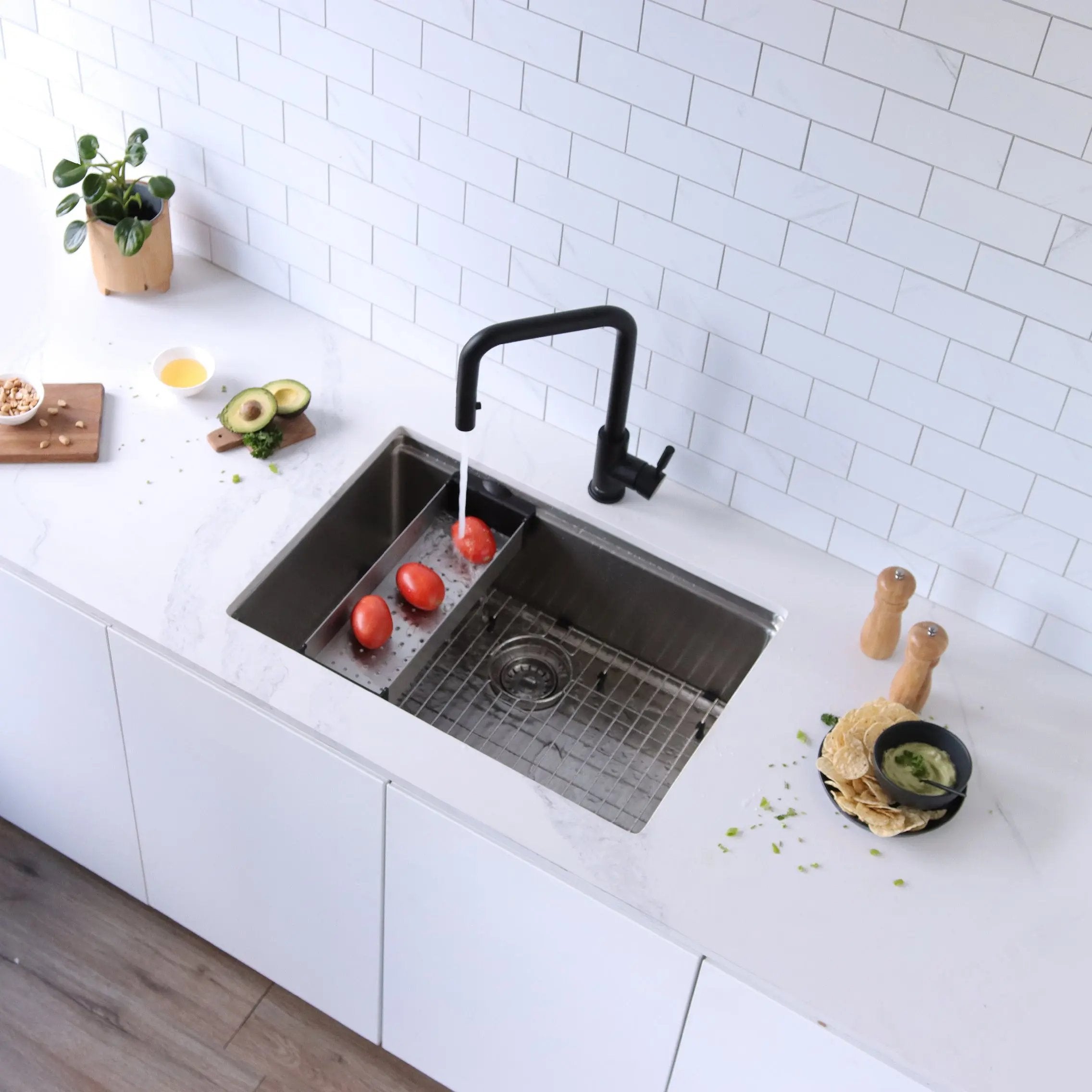Stylish 16 7/8" Stainless Steel Over the Sink Colander with Black Handles - Plumbing Market