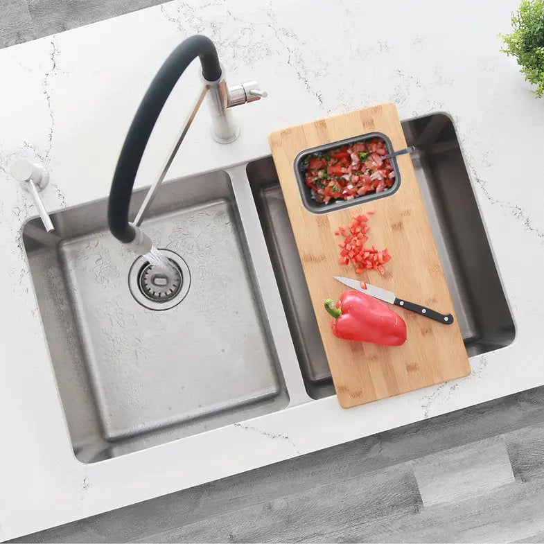 Stylish 18 inch Kitchen Sink Bamboo Cutting Board set with 1 Collapsible Container  A-913 - Plumbing Market