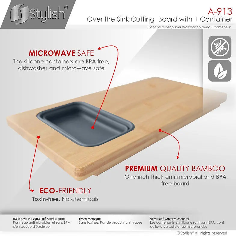 Stylish 18 inch Kitchen Sink Bamboo Cutting Board set with 1 Collapsible Container  A-913 - Plumbing Market