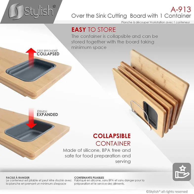 Stylish 18 inch Kitchen Sink Bamboo Cutting Board set with 1 Collapsible Container  A-913 - Plumbing Market