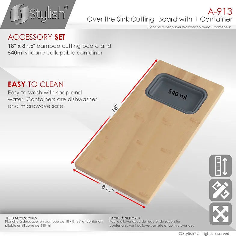 Stylish 18 inch Kitchen Sink Bamboo Cutting Board set with 1 Collapsible Container  A-913 - Plumbing Market
