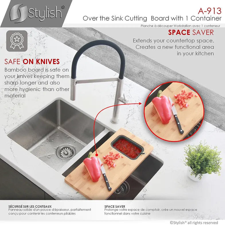 Stylish 18 inch Kitchen Sink Bamboo Cutting Board set with 1 Collapsible Container  A-913 - Plumbing Market