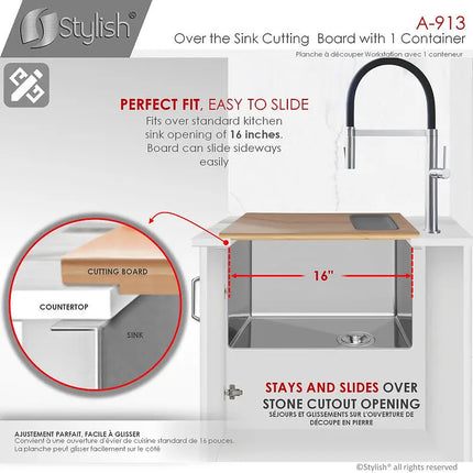 Stylish 18 inch Kitchen Sink Bamboo Cutting Board set with 1 Collapsible Container  A-913 - Plumbing Market