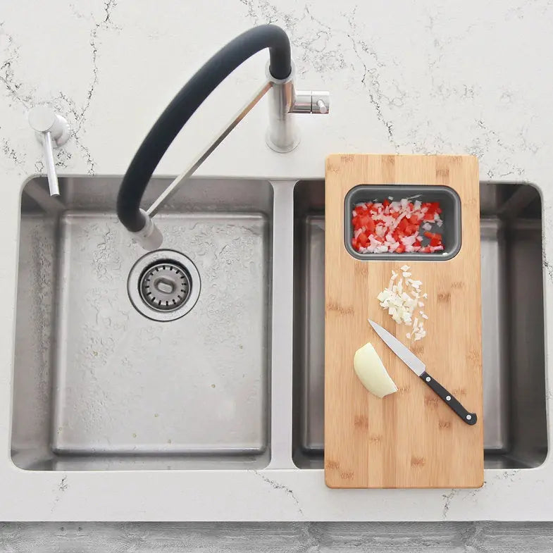 Stylish 18 inch Kitchen Sink Bamboo Cutting Board set with 1 Collapsible Container  A-913 - Plumbing Market