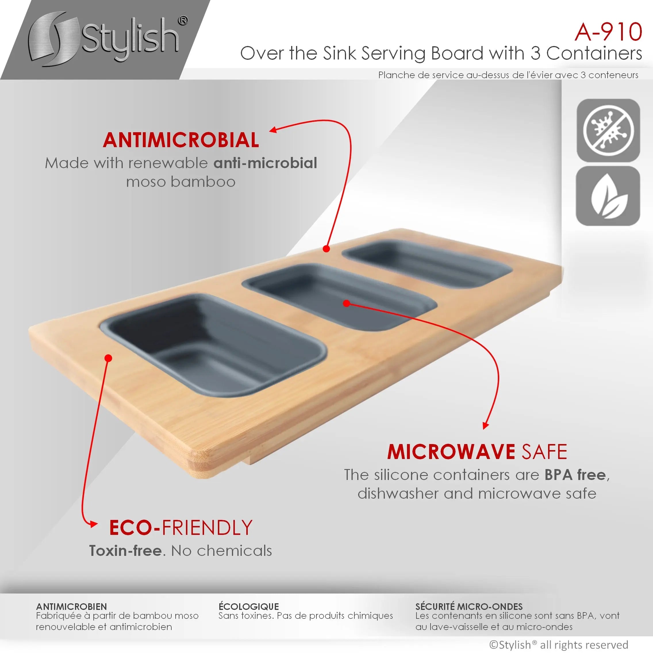 Stylish 18 inch Kitchen Sink Bamboo Serving Board set with 3 collapsible containers  A-910 - Plumbing Market