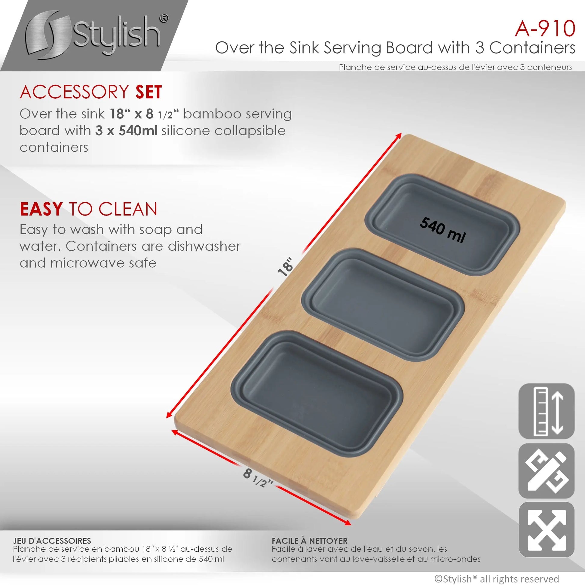 Stylish 18 inch Kitchen Sink Bamboo Serving Board set with 3 collapsible containers  A-910 - Plumbing Market
