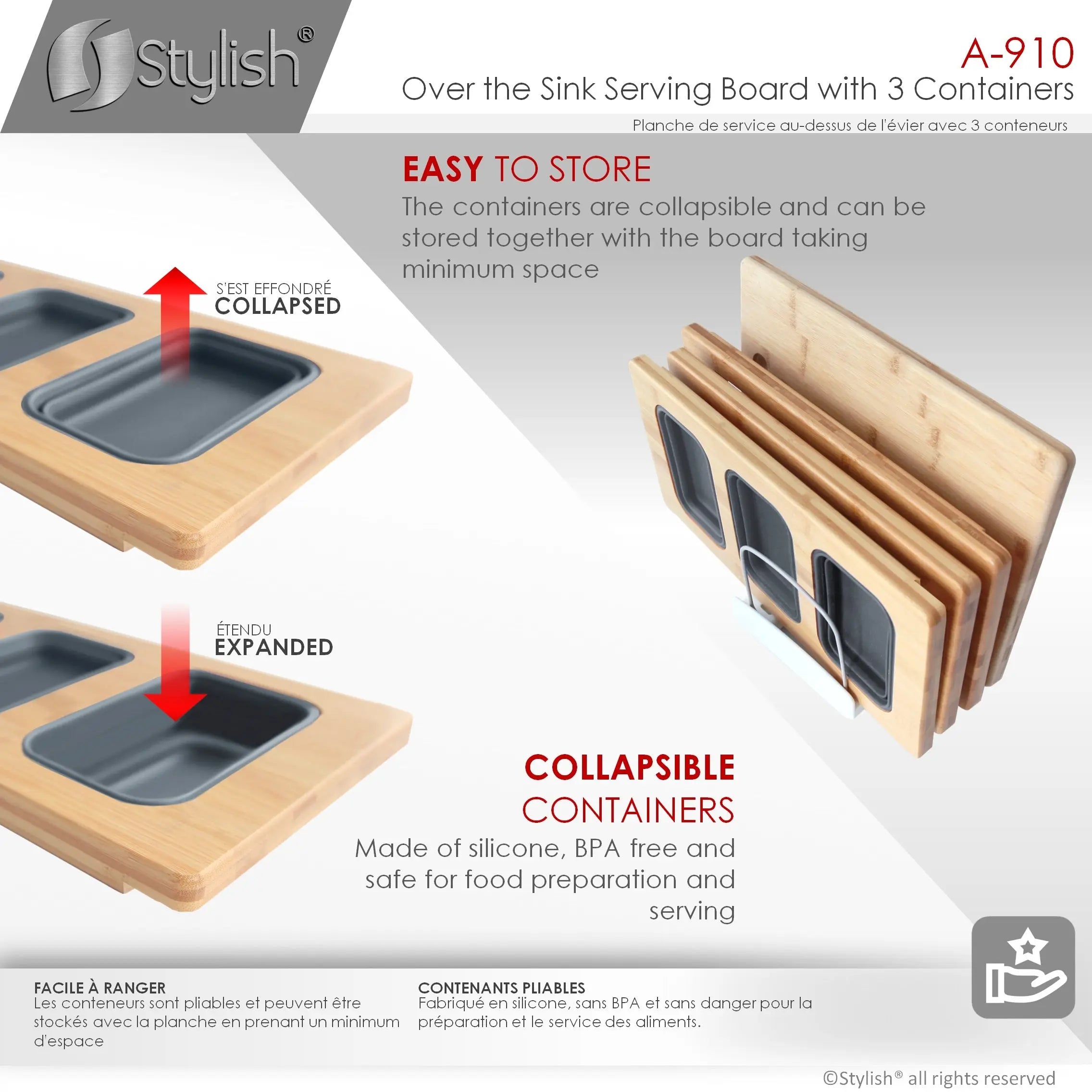 Stylish 18 inch Kitchen Sink Bamboo Serving Board set with 3 collapsible containers  A-910 - Plumbing Market