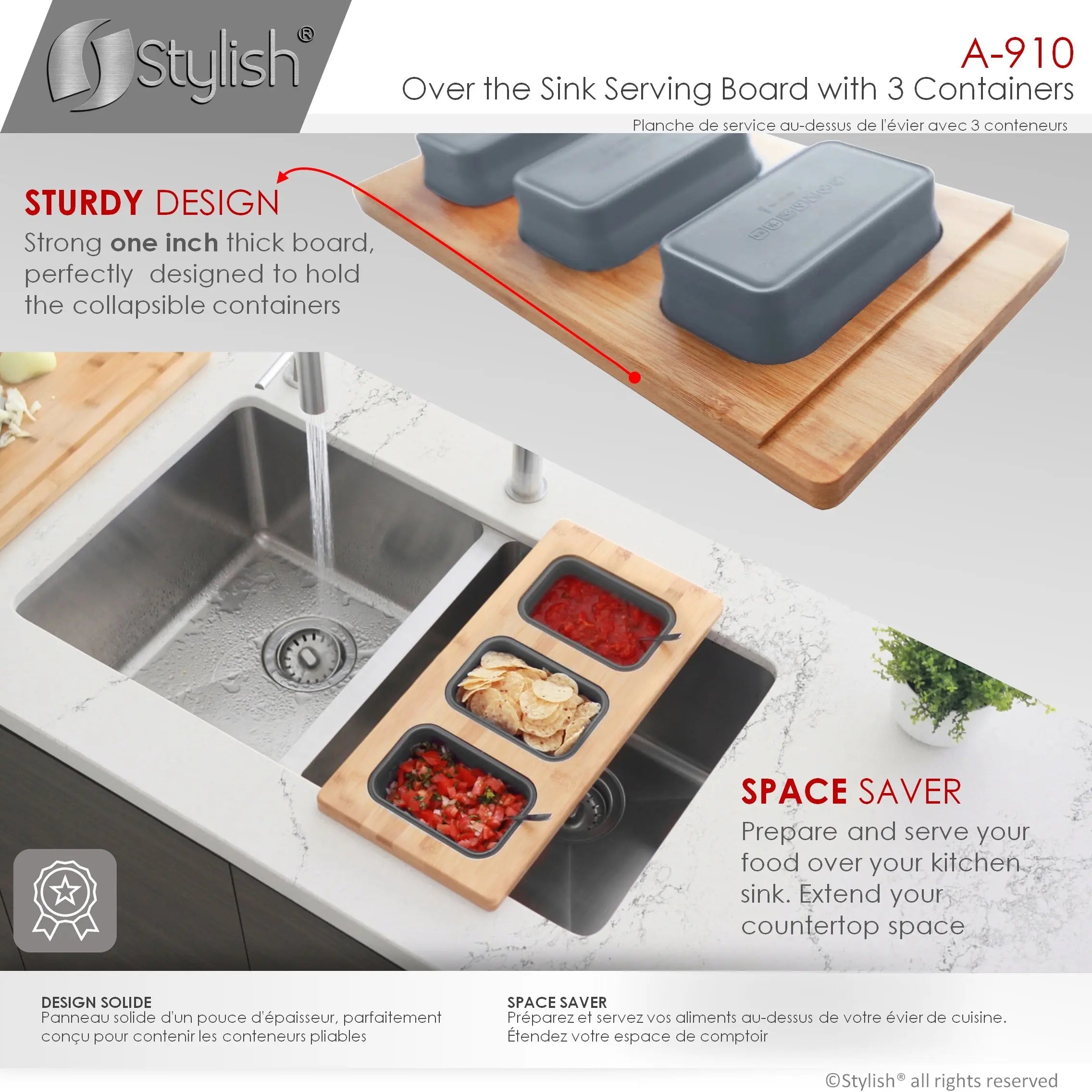 Stylish 18 inch Kitchen Sink Bamboo Serving Board set with 3 collapsible containers  A-910 - Plumbing Market
