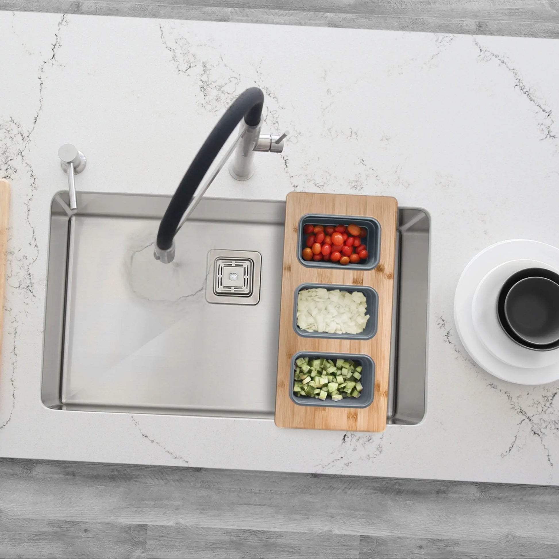 Stylish 18 inch Kitchen Sink Bamboo Serving Board set with 3 collapsible containers  A-910 - Plumbing Market