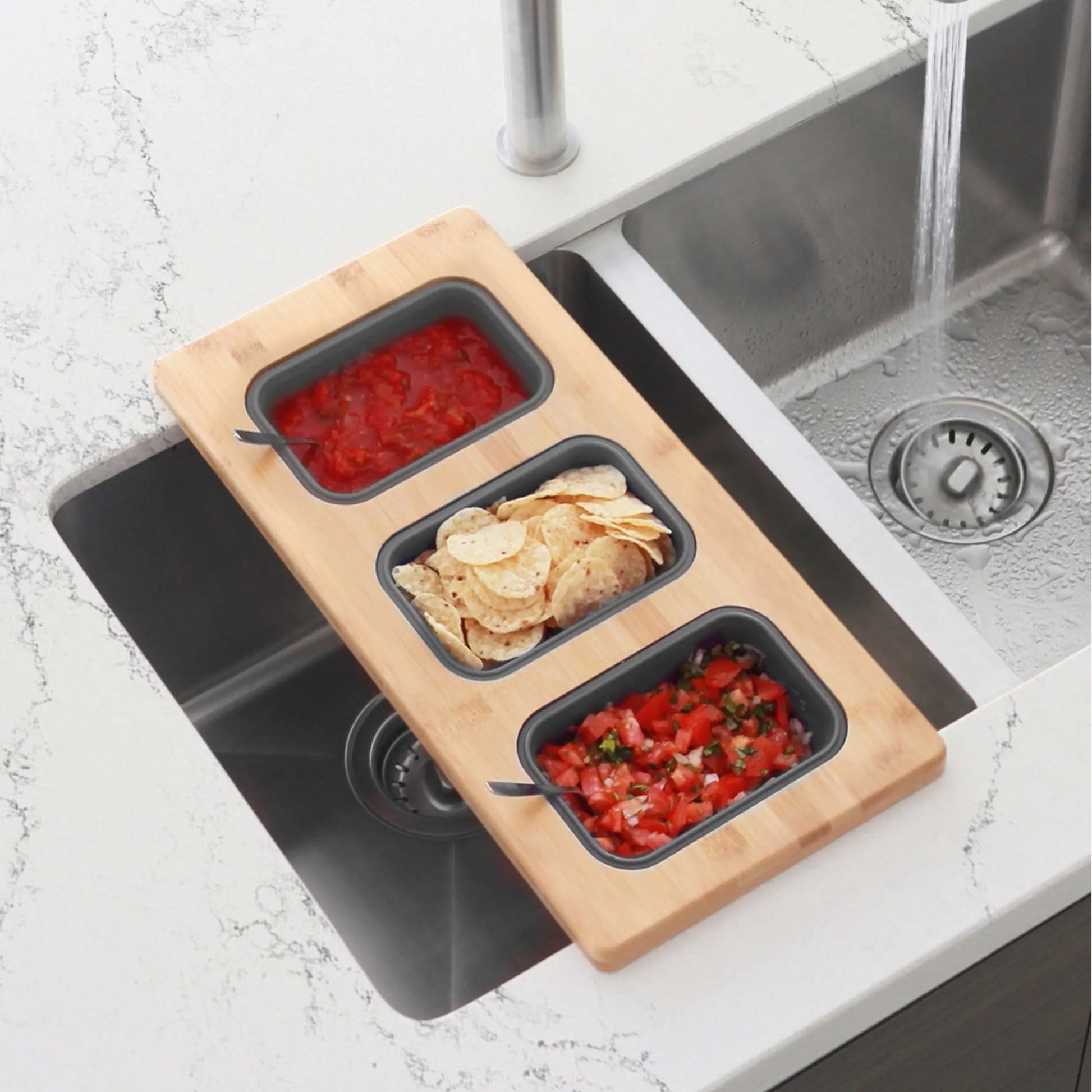 Stylish 18 inch Kitchen Sink Bamboo Serving Board set with 3 collapsible containers  A-910 - Plumbing Market