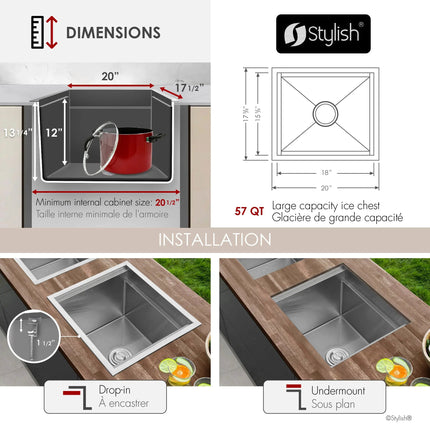 Stylish 20" Dual-Mount Stainless Steel Insulated Ice Chest Workstation Sink with Dura-Tek - Plumbing Market