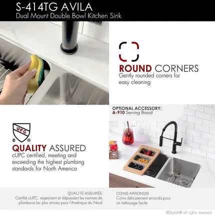 Stylish 29 Inch Dual Mount Double Bowl Kitchen Sink S-414TG - Plumbing Market