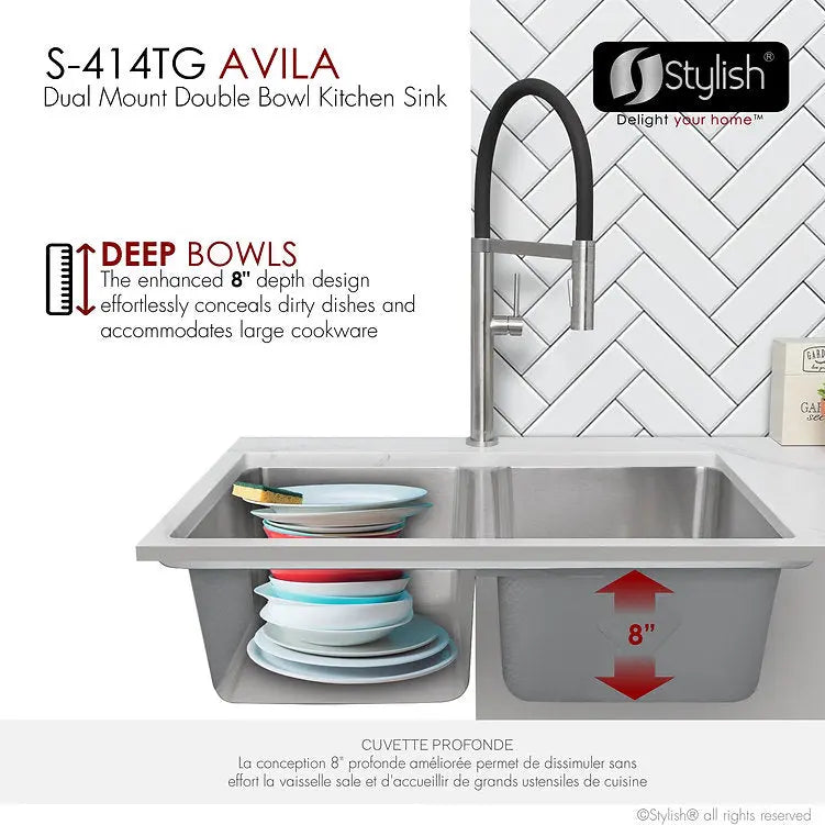 Stylish 29 Inch Dual Mount Double Bowl Kitchen Sink S-414TG - Plumbing Market