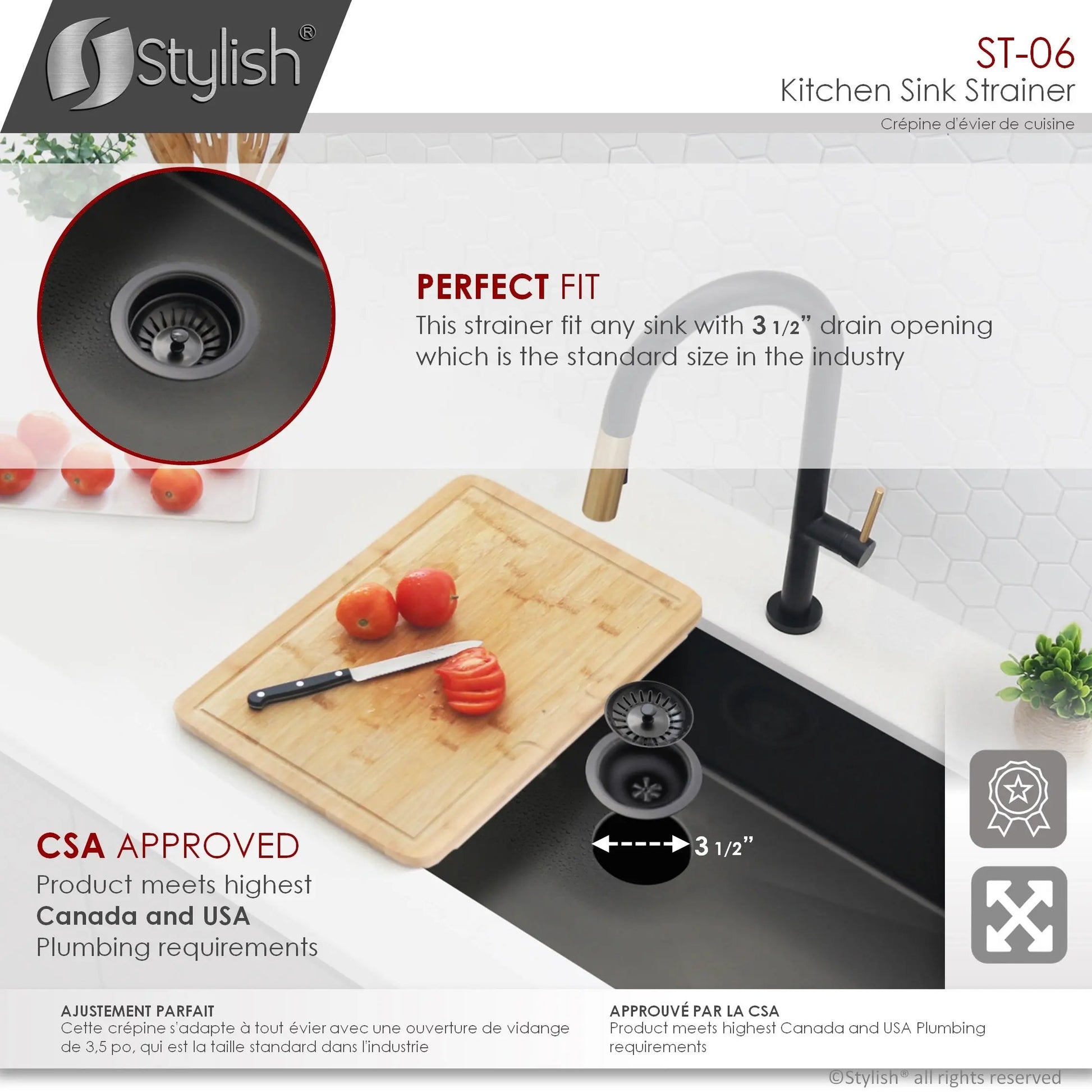 Stylish 3.5" Round Black Standard Strainer with Removable Basket - Plumbing Market