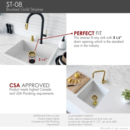 Stylish 3.5" Round Brushed Gold Standard Strainer with Removable Basket - Plumbing Market