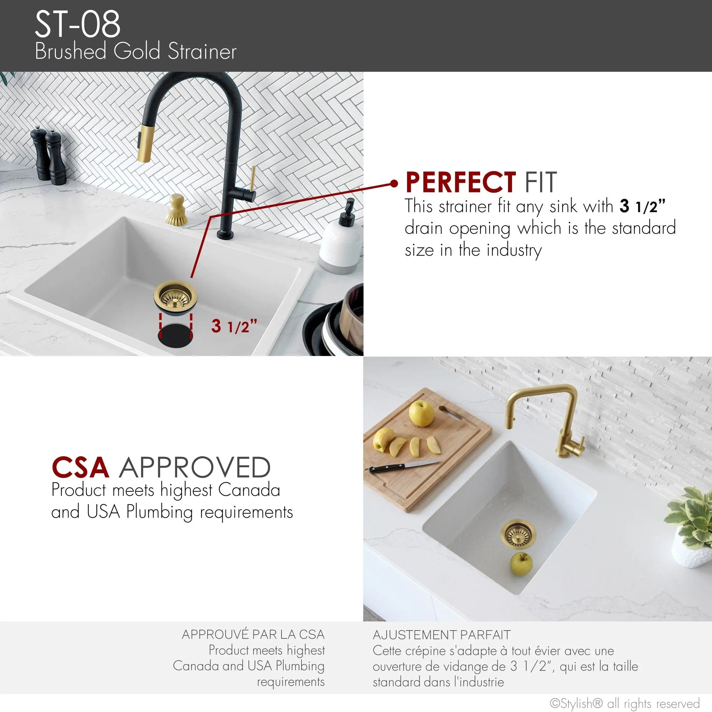 Stylish 3.5" Round Brushed Gold Standard Strainer with Removable Basket - Plumbing Market