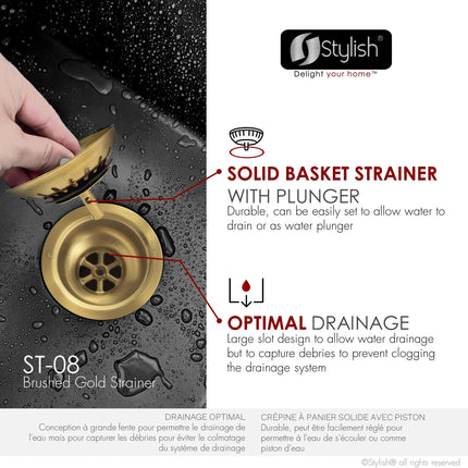 Stylish 3.5" Round Brushed Gold Standard Strainer with Removable Basket - Plumbing Market