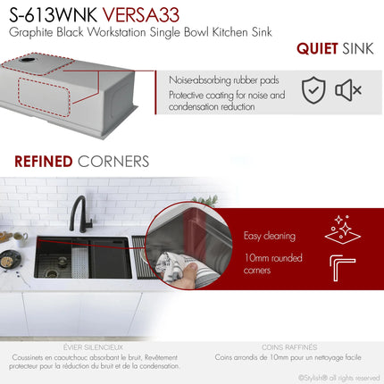 Stylish 33 Inch Graphite Black Kitchen Sink Workstation S-613WNK - Plumbing Market