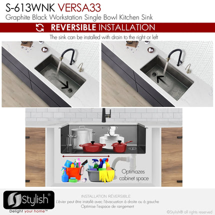 Stylish 33 Inch Graphite Black Kitchen Sink Workstation S-613WNK - Plumbing Market