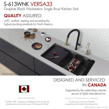 Stylish 33 Inch Graphite Black Kitchen Sink Workstation S-613WNK - Plumbing Market