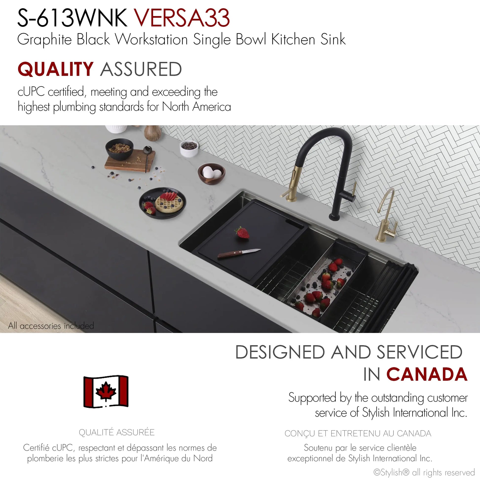 Stylish 33 Inch Graphite Black Kitchen Sink Workstation S-613WNK - Plumbing Market