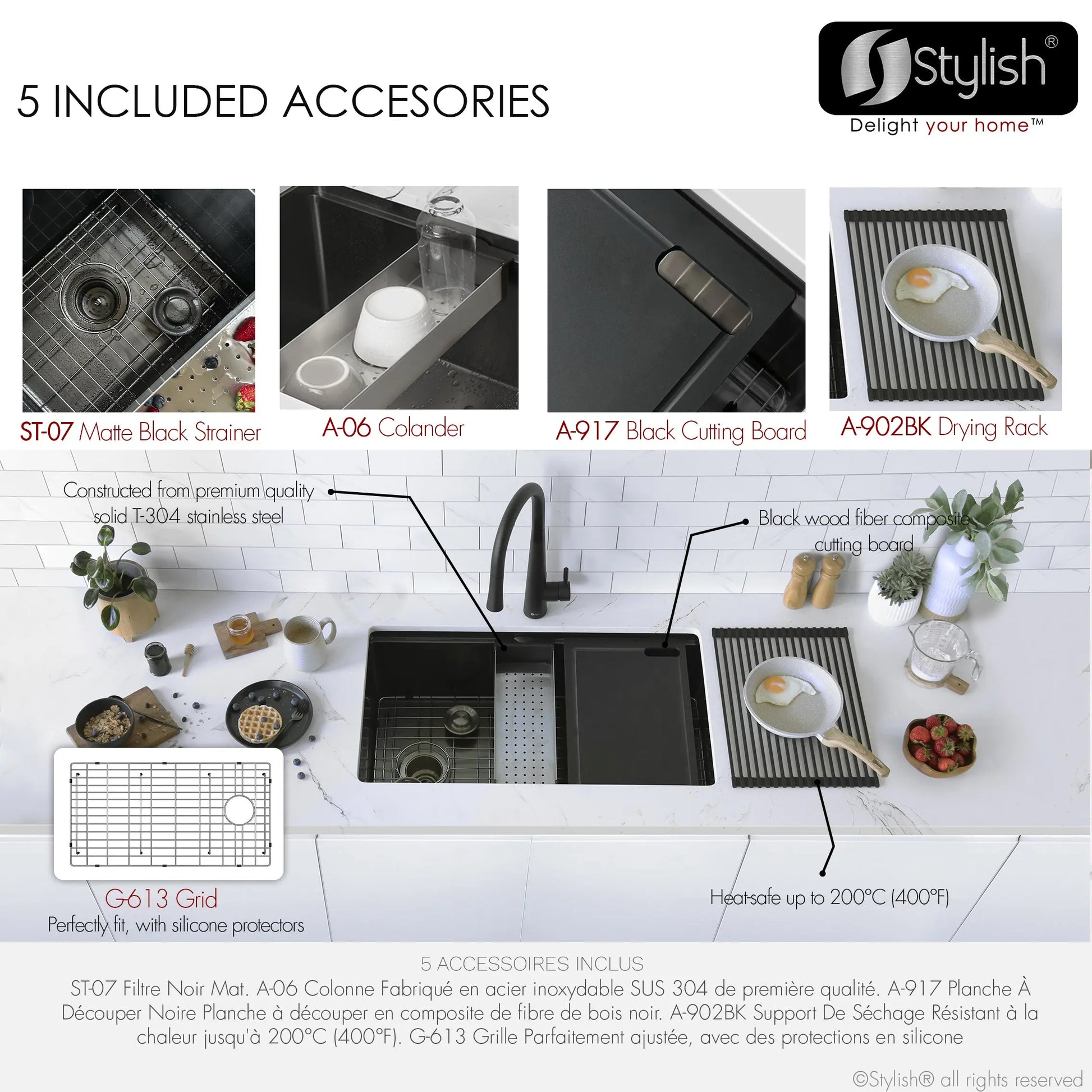 Stylish 33 Inch Graphite Black Kitchen Sink Workstation S-613WNK - Plumbing Market