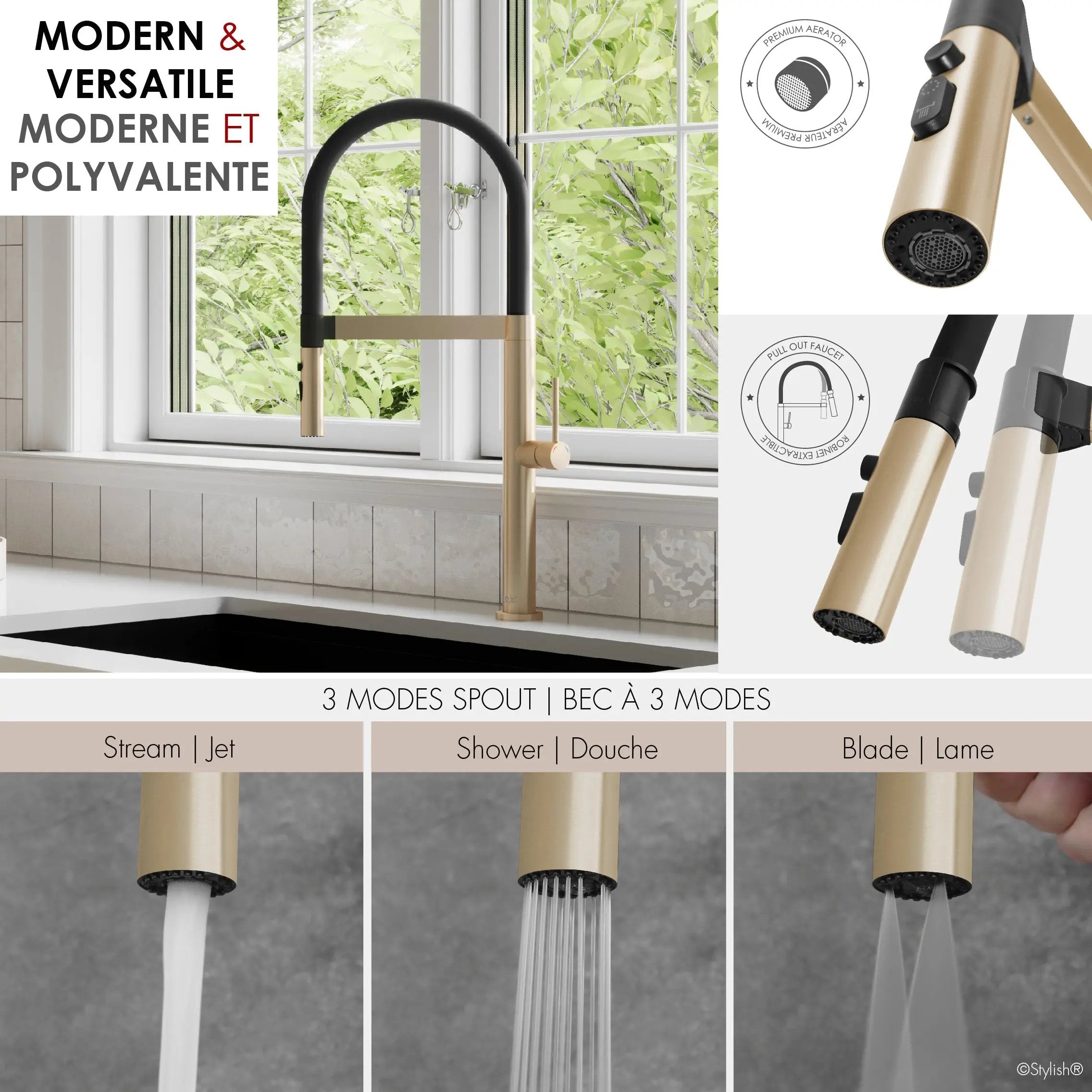 Stylish Carpi Single Handle Pull Out Spray Kitchen Faucet Brushed Gold - Plumbing Market