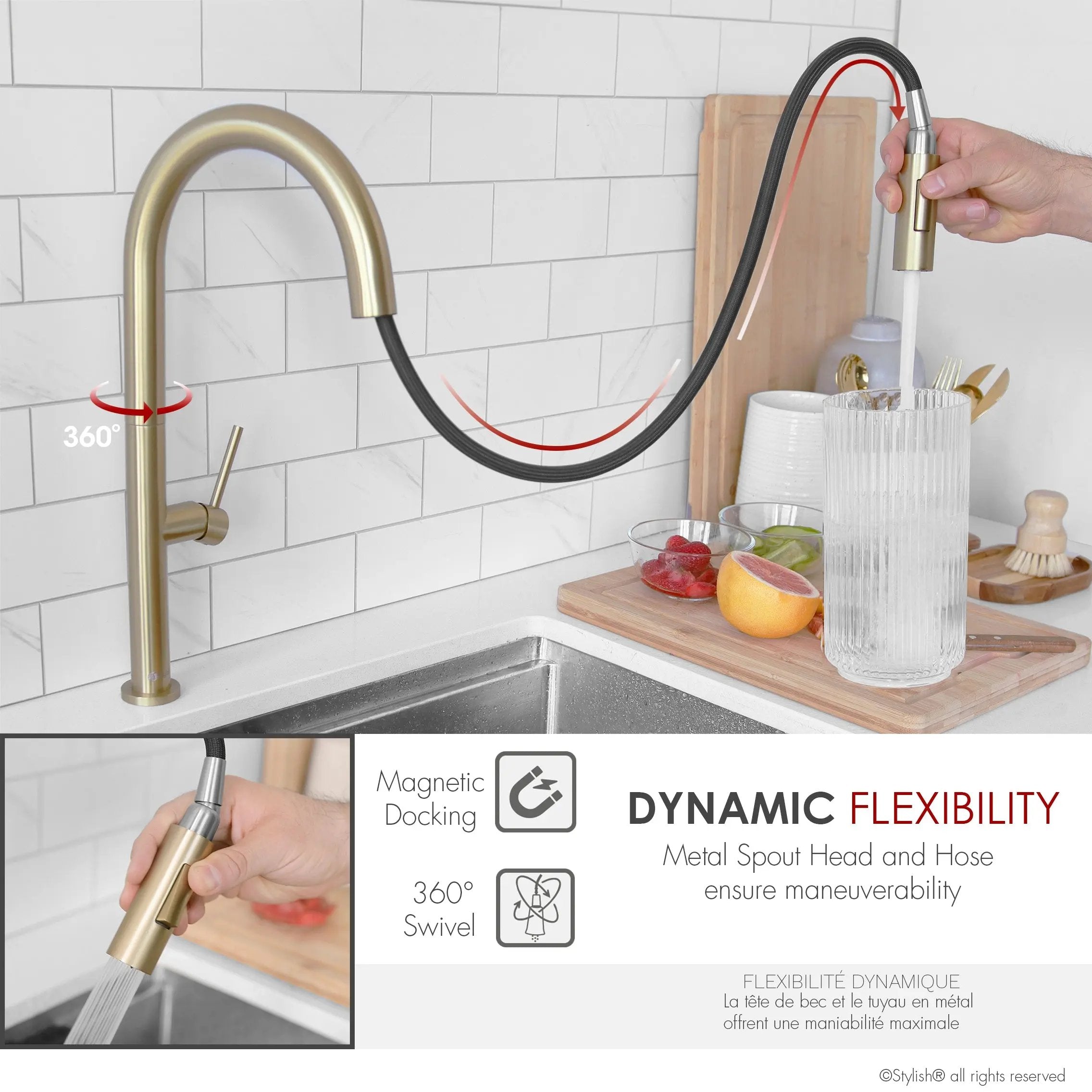 Stylish Catania Single Handle Brushed Gold Pull Down Kitchen Faucet - Plumbing Market