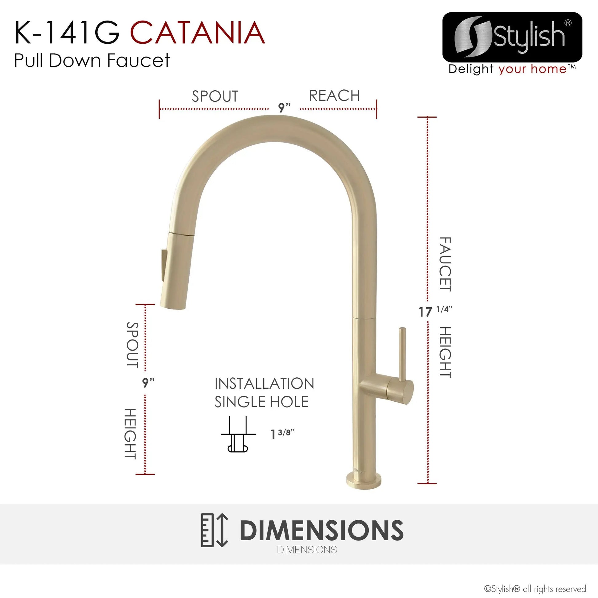 Stylish Catania Single Handle Brushed Gold Pull Down Kitchen Faucet - Plumbing Market