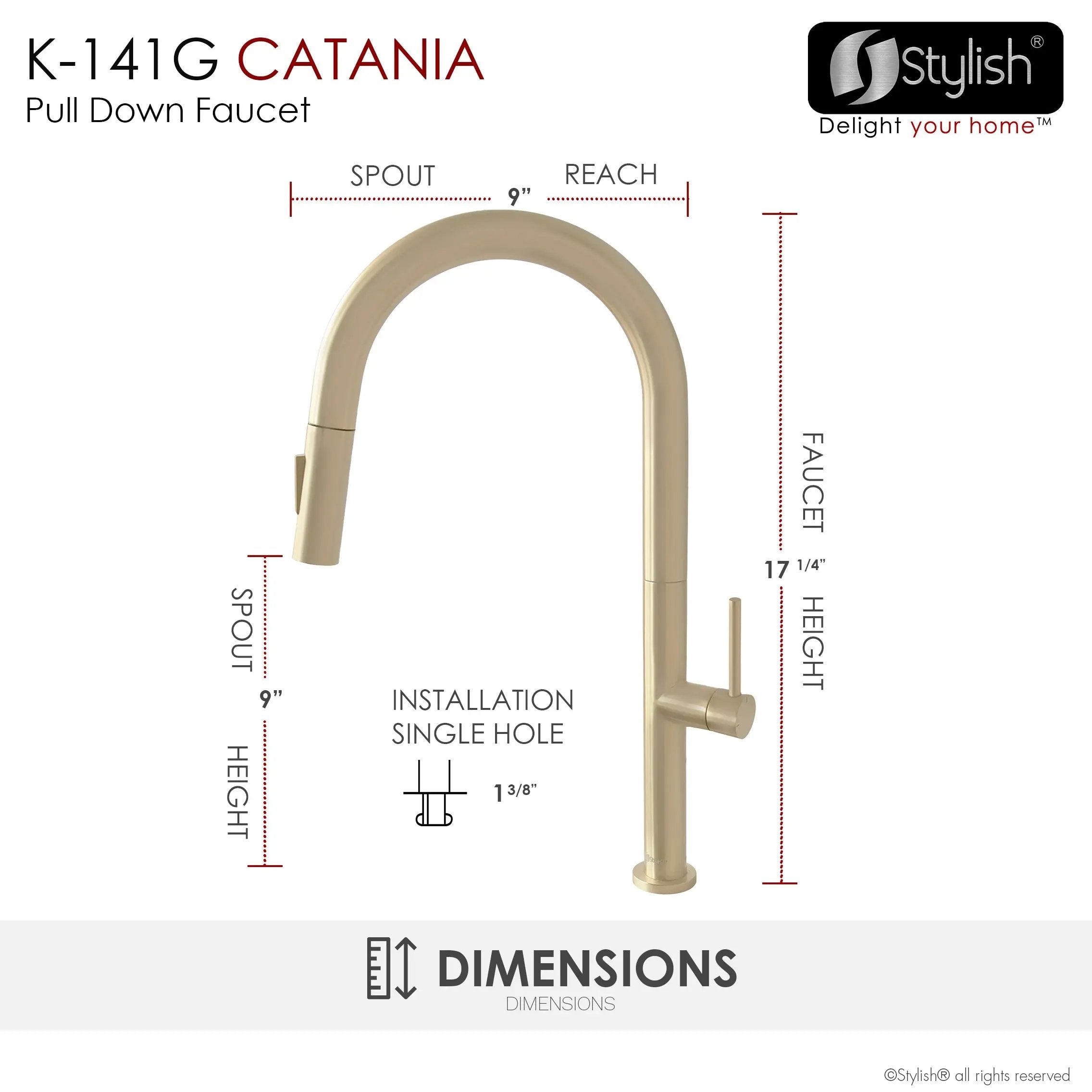 Stylish Catania Single Handle Brushed Gold Pull Down Kitchen Faucet - Plumbing Market