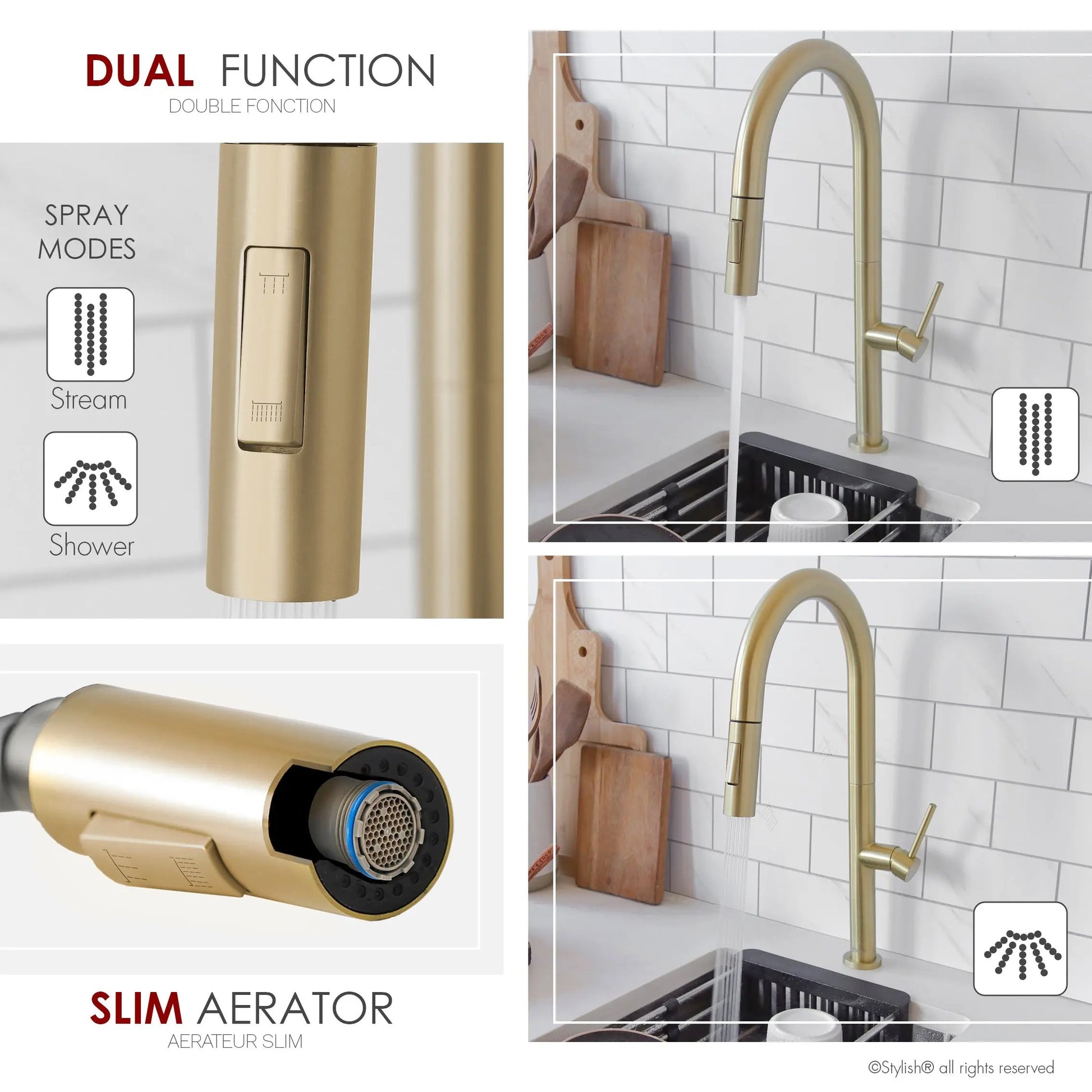 Stylish Catania Single Handle Brushed Gold Pull Down Kitchen Faucet - Plumbing Market
